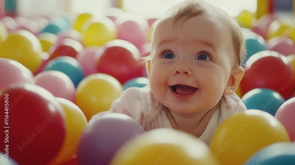 Happy baby playing in a colorful ball pit, enjoying a fun-filled moment with bright, soft balls on a sunny day Happy baby playing in a colorful ball pit, enjoying a fun-filled moment with bright, soft balls on a sunny day
