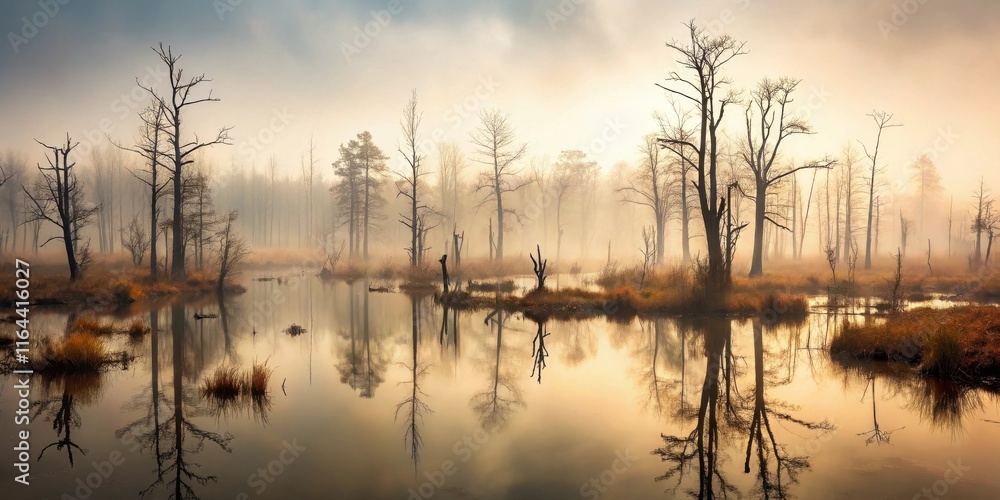 Fototapeta premium Serene autumnal marsh landscape at dawn with tranquil waters reflecting the silhouettes of leafless trees in a misty atmosphere