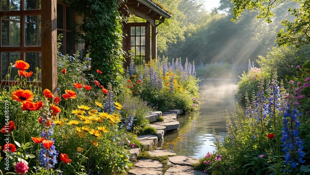 Fototapeta premium Serene Sun-Dappled Garden, Vibrant Exotic Blooms, Wooden Trellis, Stone Pathway, Misty Pond Reflection