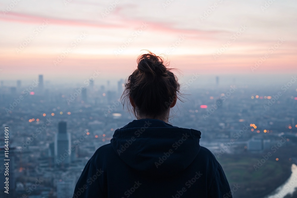 Fototapeta premium Woman Contemplating Cityscape at Sunset Urban Dreams Hopeful Future
