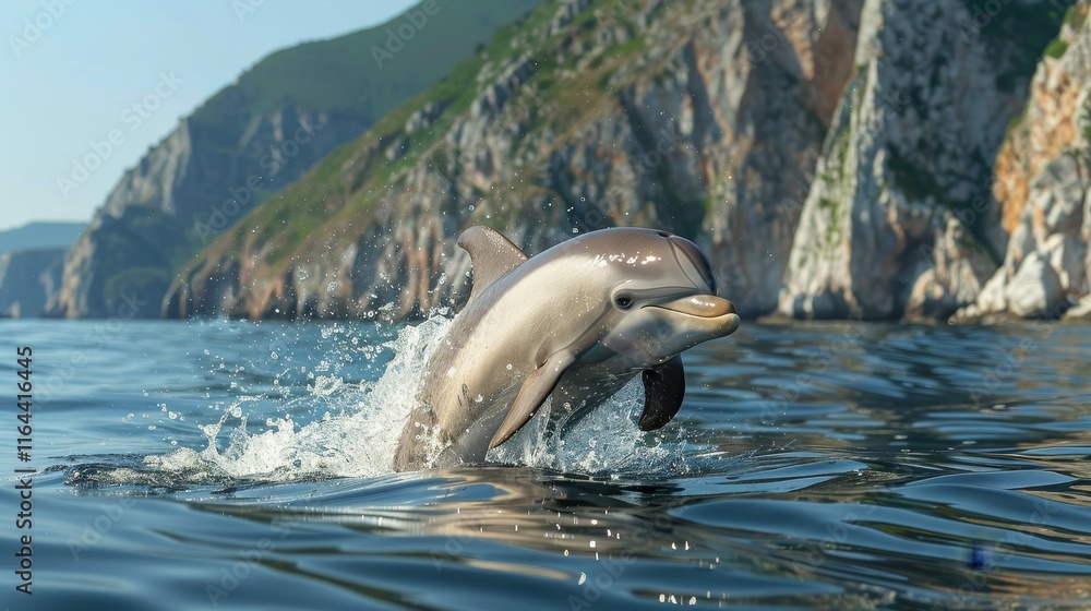 Obraz premium Dynamic dolphin leaping from ocean waves on a bright tropical beach nature photography
