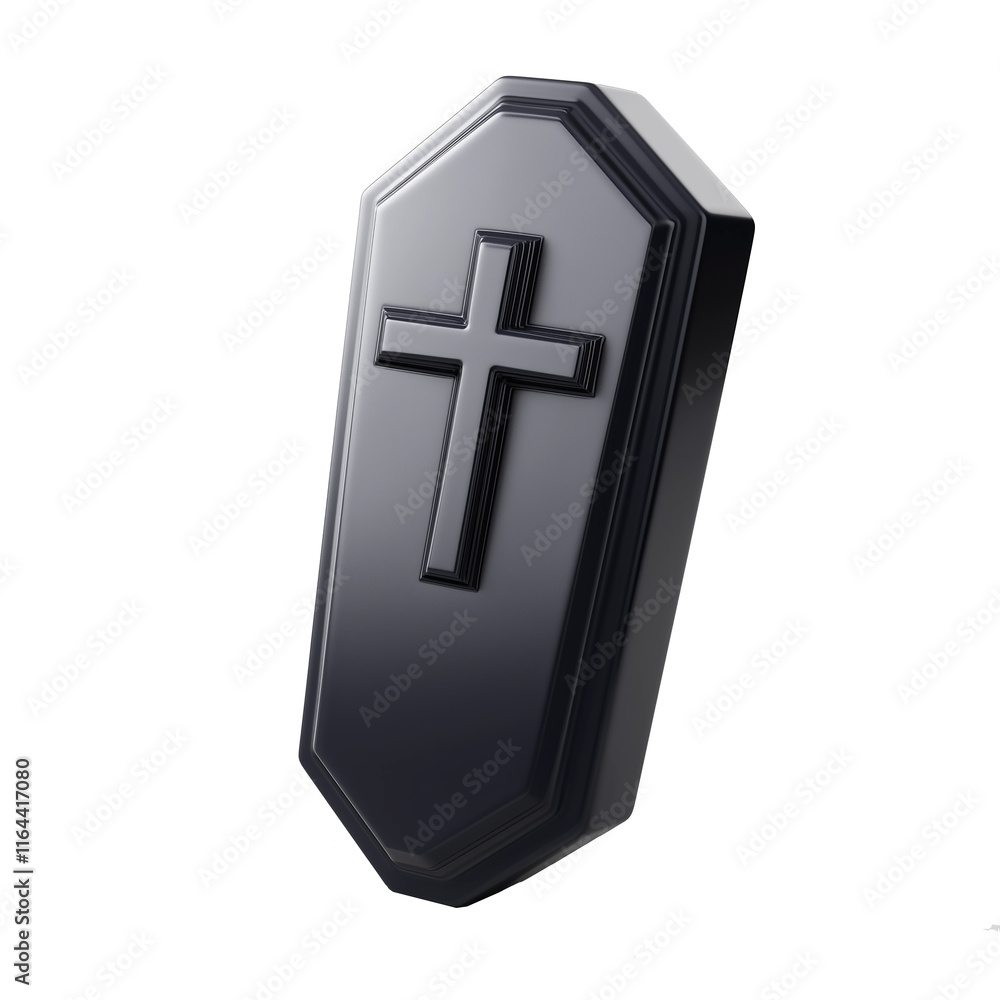 Obraz premium Black coffin with christian cross floating on white background representing death and burial