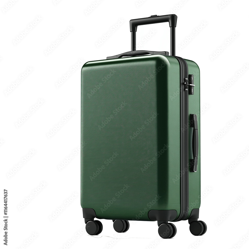 Green plastic rolling suitcase with retractible handle standing upright Green plastic rolling suitcase with retractible handle standing upright