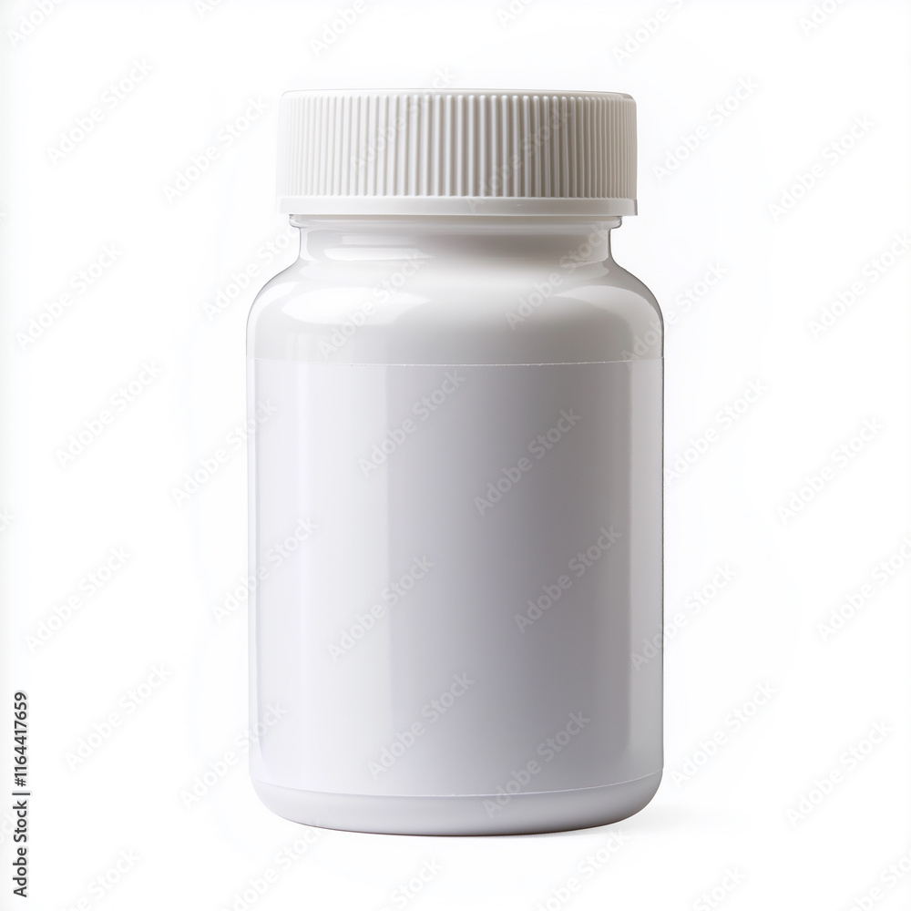 White plastic pill bottle with blank label on white background White plastic pill bottle with blank label on white background