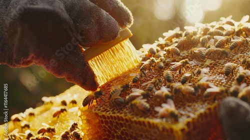 Beekeeper gently brushing bees off a honey-filled frame with a soft brush, close-up of hands in gloves, photo