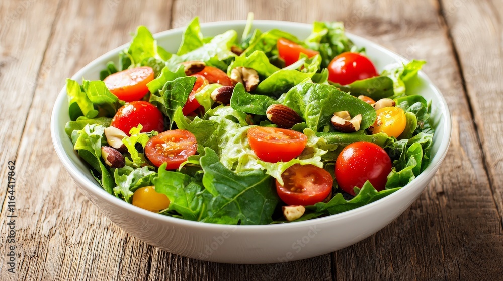 Bowl of colorful salad with fresh greens, cherry tomatoes, nuts, and a light drizzle of dressing Bowl of colorful salad with fresh greens, cherry tomatoes, nuts, and a light drizzle of dressing