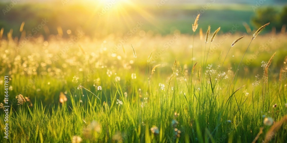 Fototapeta premium Golden hour sunlight illuminating a vibrant green meadow, showcasing tall grasses and delicate wildflowers bathed in warm light