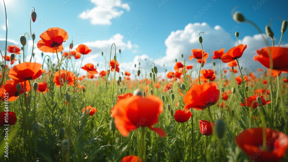 Obraz premium Majestic Crimson Red Poppy Field, Sun-Drenched Meadow of Vibrant Flowers Swaying Gently in Breeze Under a Clear Blue Sky