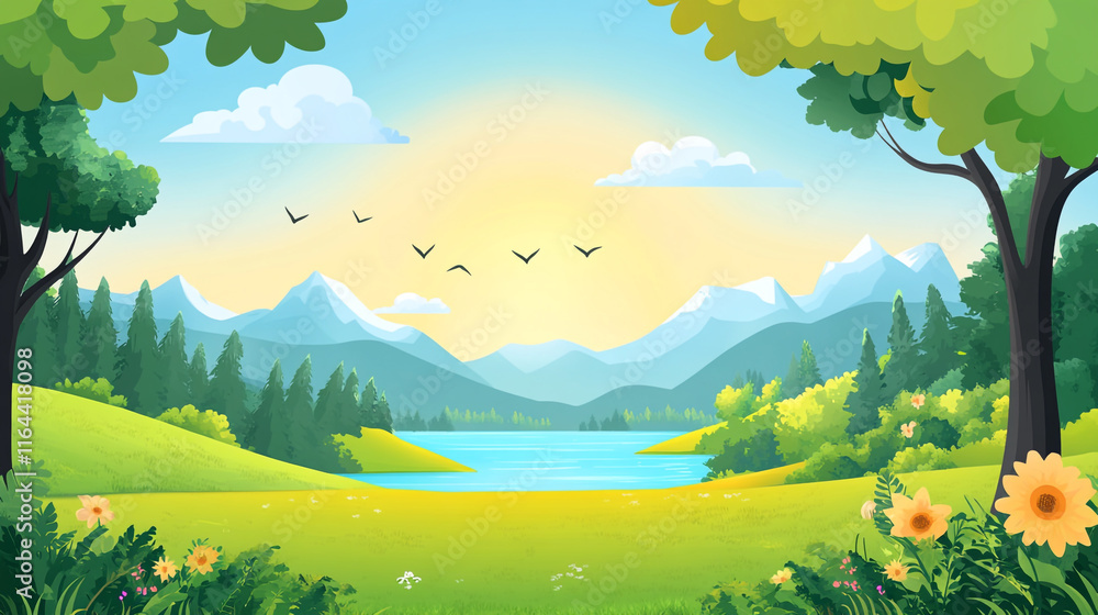 Fototapeta premium Beautiful landscape with mountains, lake, and trees under a clear sky during daytime