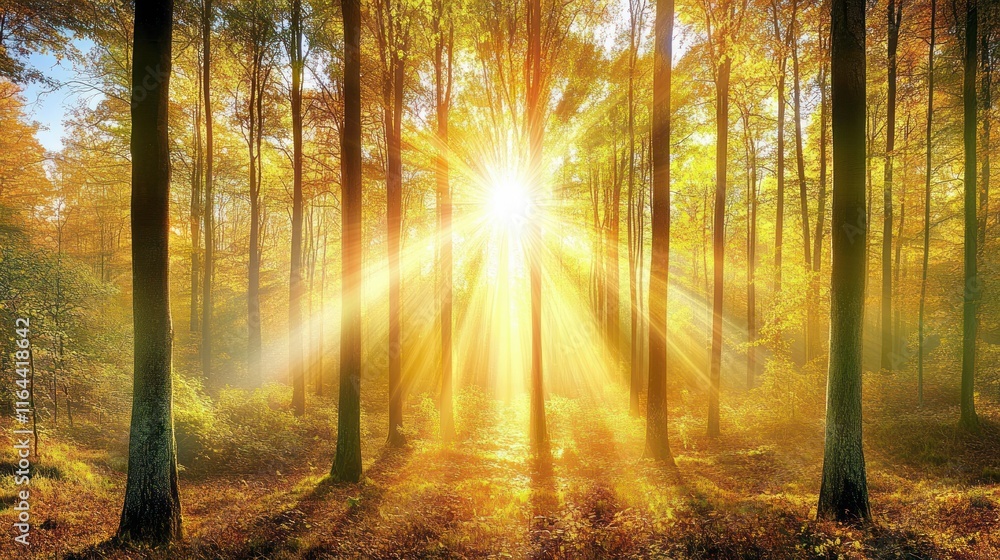 Obraz premium Golden Hour in the Autumn Forest: A Serene Landscape