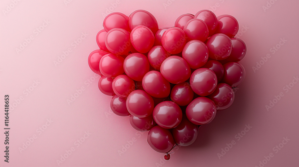 Fototapeta premium Heart shape balloons bunch on a pink wall background.