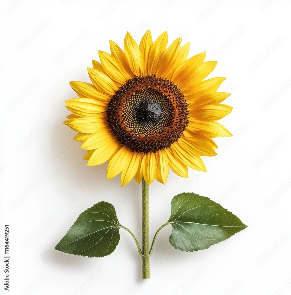Obraz premium Bright Single Sunflower on White Background with Green Leaves