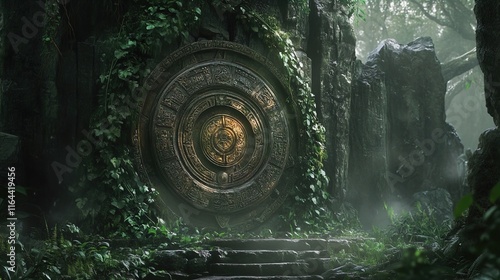 An ancient, ornate stone door covered in intricate carvings and surrounded by lush green foliage and mossy rocks. The scene is set in a dense, misty forest, creating an aura of mystery and adventure.  photo