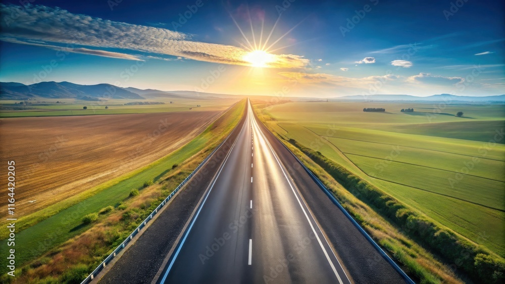 Naklejka premium Asphalt highway cutting through vibrant farmland at sunset, a picturesque journey towards the sun's radiant glow