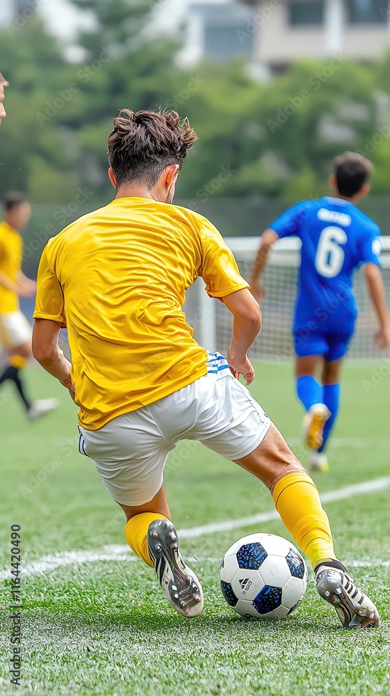 Obraz premium Soccer player in yellow jersey kicking football on field, soccer player kicking football on green field, soccer player in action kicking football during match ,Soccer Player Action Sports Photography
