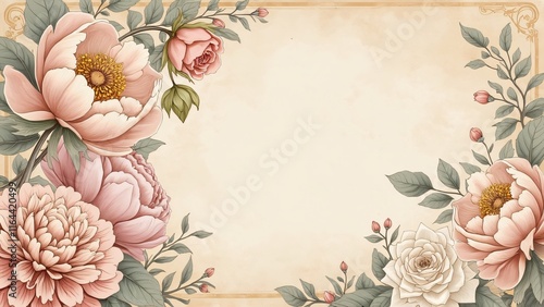 Elegant Vintage Floral Border Design, Peach Peonies, Roses & Greenery on Antique Paper Background - Perfect for Wedding Invitations, Cards & Wall Art