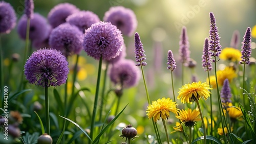 Vibrant Purple Allium Cristophii Giganteum Blooms with Dandelions and Chives, A Lush Spring Meadow Scene photo