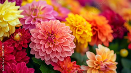 Colorful flowers bloom in a vibrant garden filled with dahlias in various hues