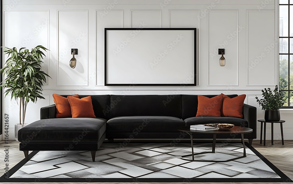 Fototapeta premium Modern living room interior with black sectional sofa, rug, coffee table, and blank frame.