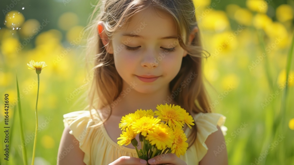 Adorable Girl Holding Dandelions in Sunny Field, Springtime Child Photography Adorable Girl Holding Dandelions in Sunny Field, Springtime Child Photography