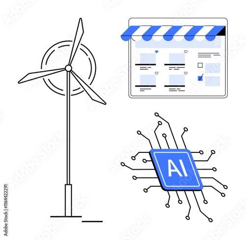 Wind turbine, e-commerce website interface, and AI microchip highlight green energy, online shopping, and artificial intelligence. Ideal for sustainable tech, e-commerce, AI development, digital