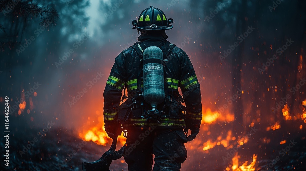 Firefighter in Gear Walking Through Flames Firefighter in Gear Walking Through Flames