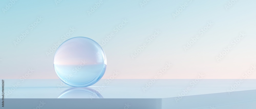 A clear glass ball sits on a white surface A clear glass ball sits on a white surface