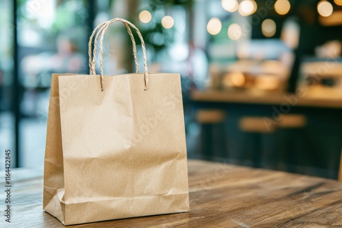 Wallpaper Mural Brown Paper Bag on Wooden Table in Modern Cafe Environment Torontodigital.ca