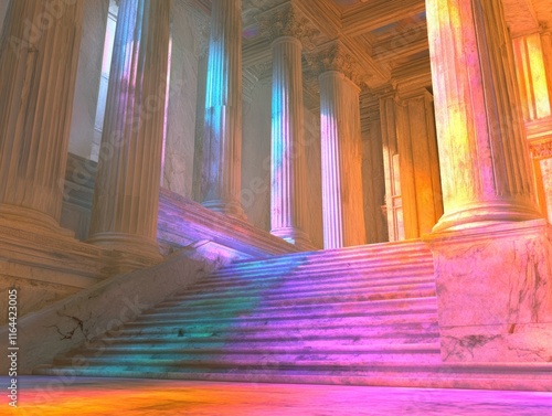 Heavenly prism dance floating divine rainbow hall digital art ethereal environment captivating perspective photo