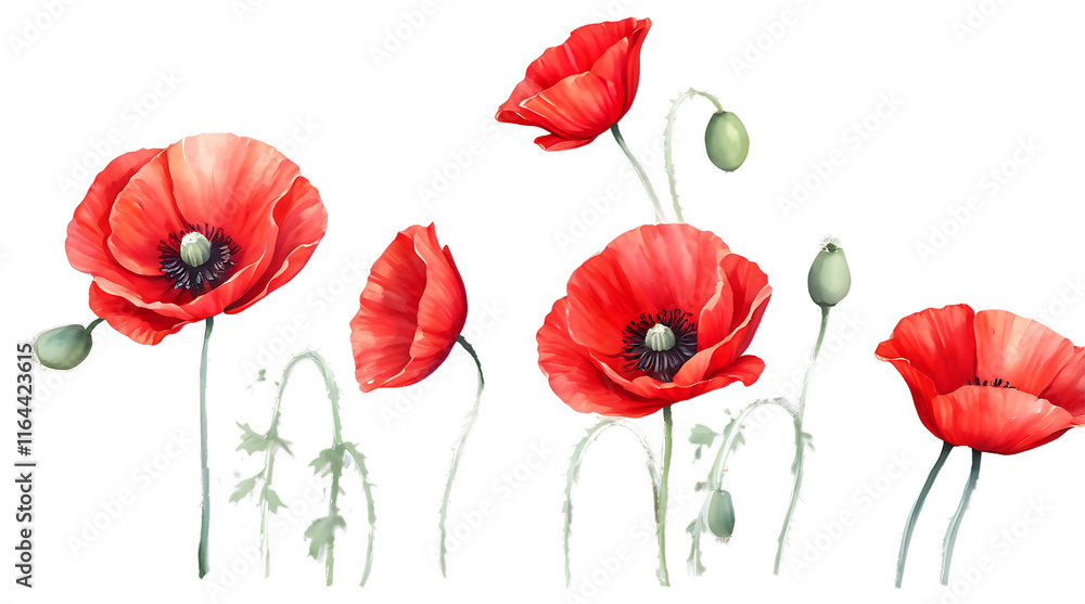 Obraz premium Watercolor Red Poppies Wildflower Set Isolated on Transparent Background