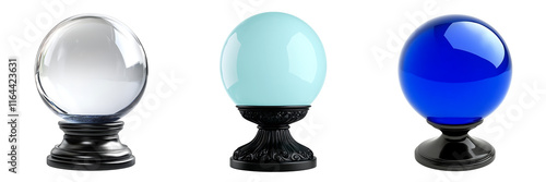 Set of a 3D render of a crystal ball with glowing effects, isolated on a transparent background.