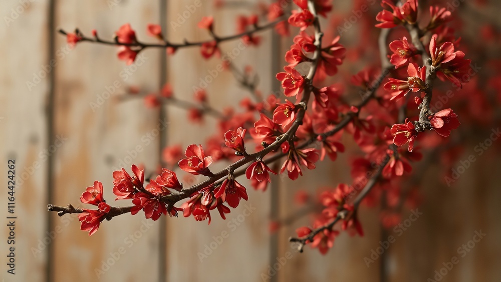 Delicate Crimson Flowers on Rustic Wood, Clusters of Small Red Blooms on Slender Branches Against a Warm Honey-Colored Wooden Background Delicate Crimson Flowers on Rustic Wood, Clusters of Small Red Blooms on Slender Branches Against a Warm Honey-Colored Wooden Background