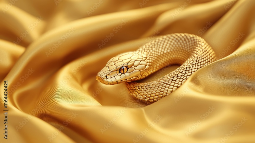 Fototapeta premium Golden Snake on Luxurious Golden Satin Fabric Background