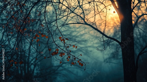 A serene autumn landscape featuring a silhouette of bare tree branches against a hazy, twilight sky. Warm sunlight filters through the fog, illuminating the few remaining orange leaves on the branches