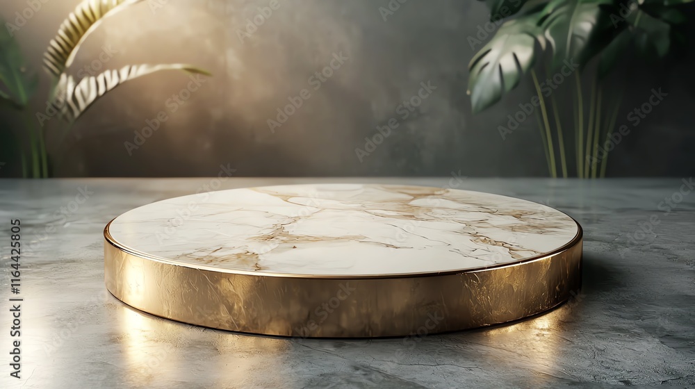 Obraz premium Circular marble platform, dynamic light reflections, 3D illustration