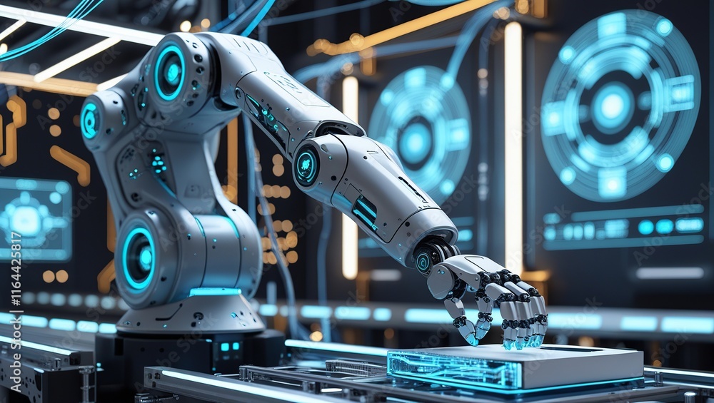 Fototapeta premium AI-Controlled Industrial Robot Arm in Advanced Manufacturing