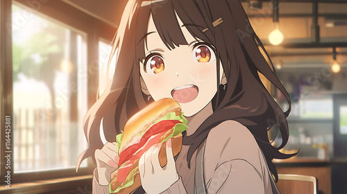 A cheerful girl enjoying a delicious sandwich in a cozy caf? setting.