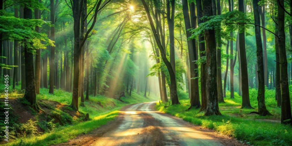 Fototapeta premium Sunlit Path Through a Lush Green Forest with Rays of Light Illuminating the Way