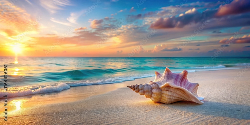 Seashell on Sandy Beach at Sunset with Ocean Waves Seashell on Sandy Beach at Sunset with Ocean Waves