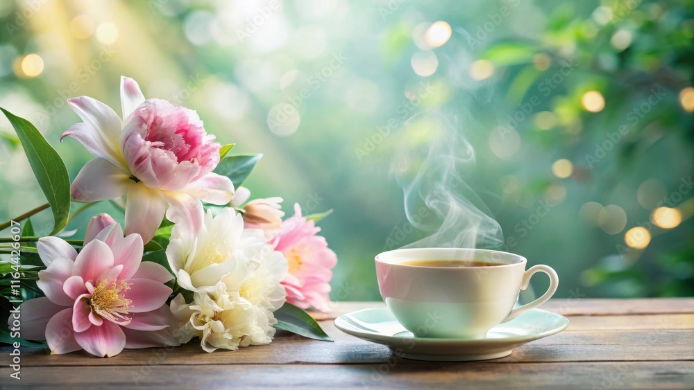 Fototapeta premium Serene morning a steaming cup of tea rests on a rustic wooden surface beside a vibrant bouquet of pink and white flowers, bathed in soft sunlight.