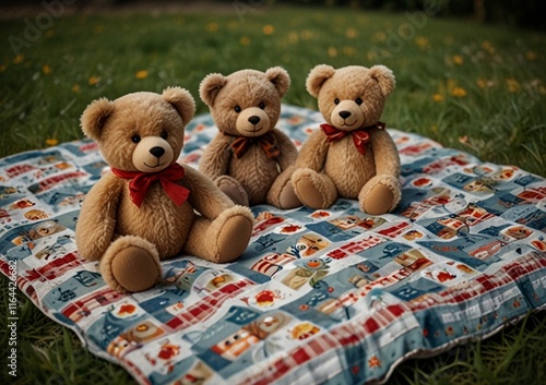 A cute teddy bear sitting on a picnic blanket in a sunlit meadow during a warm afternoon