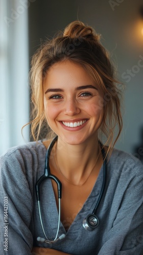 Smiling female healthcare professional with stethoscope in indoor setting