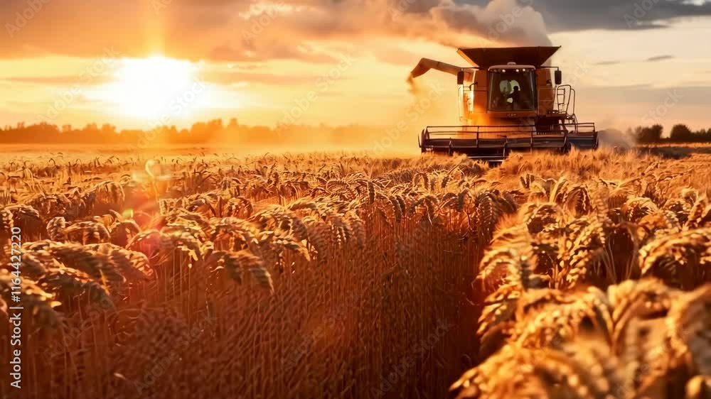 Golden wheat field being harvested by a combine harvester at sunset Golden wheat field being harvested by a combine harvester at sunset