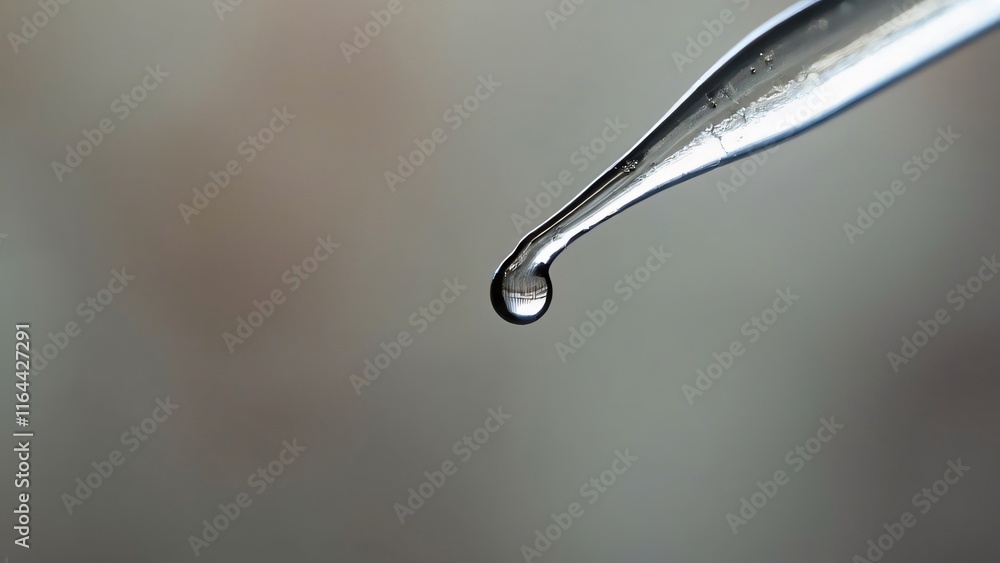 Macro Close-up of a Single Droplet Hanging from a Pipette, Scientific Liquid, Abstract Water Drop Photography