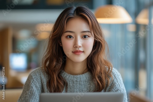 Young woman with long hair working on laptop at cozy cafe during daytime