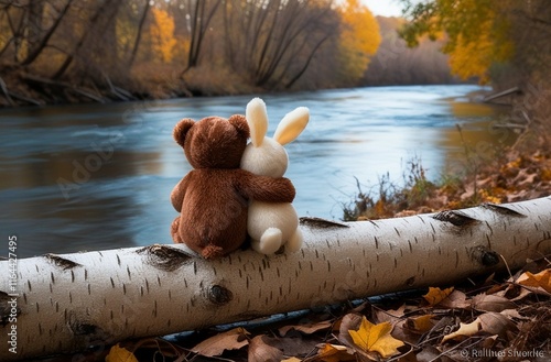 Lonely brown teddy bear hugs fluffy stuffed toy bunny sitting on fallen birch tree trunk near tranquil river on autumn day backside view