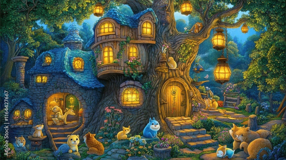 Obraz premium Enchanted Treehouse in a Magical Forest