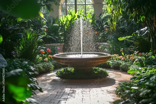 Lush garden fountain surrounded by vibrant flowers in serene indoor setting
