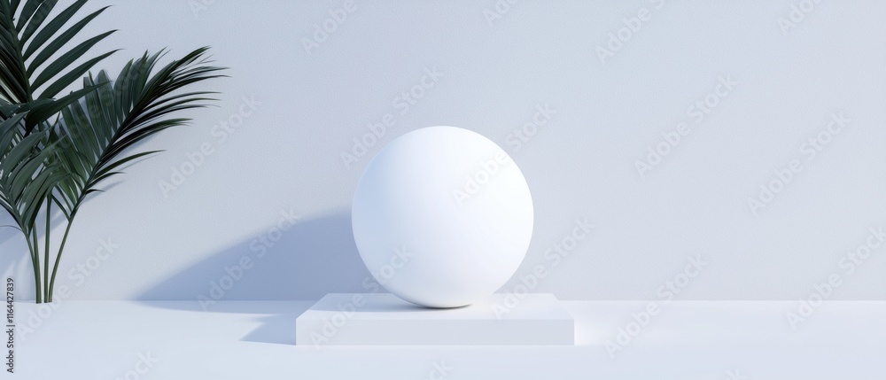 A white ball is sitting on a white pedestal in front of a green palm tree A white ball is sitting on a white pedestal in front of a green palm tree