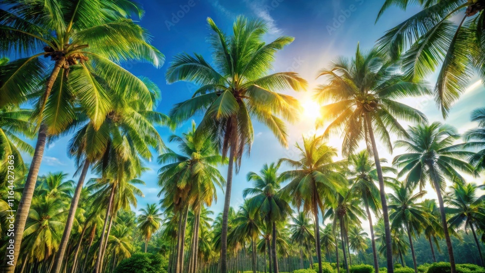 Lush Tropical Paradise Sunlight Dappling Through a Grove of Tall Palm Trees Lush Tropical Paradise Sunlight Dappling Through a Grove of Tall Palm Trees